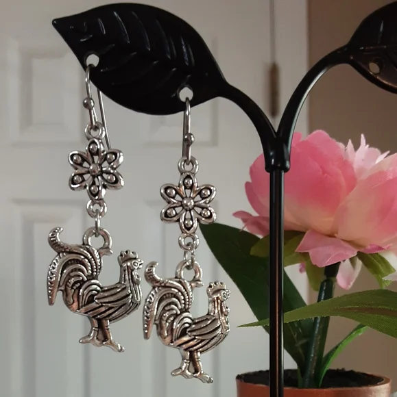 Handmade Silvertone Rooster Earrings - Picture 3 of 3